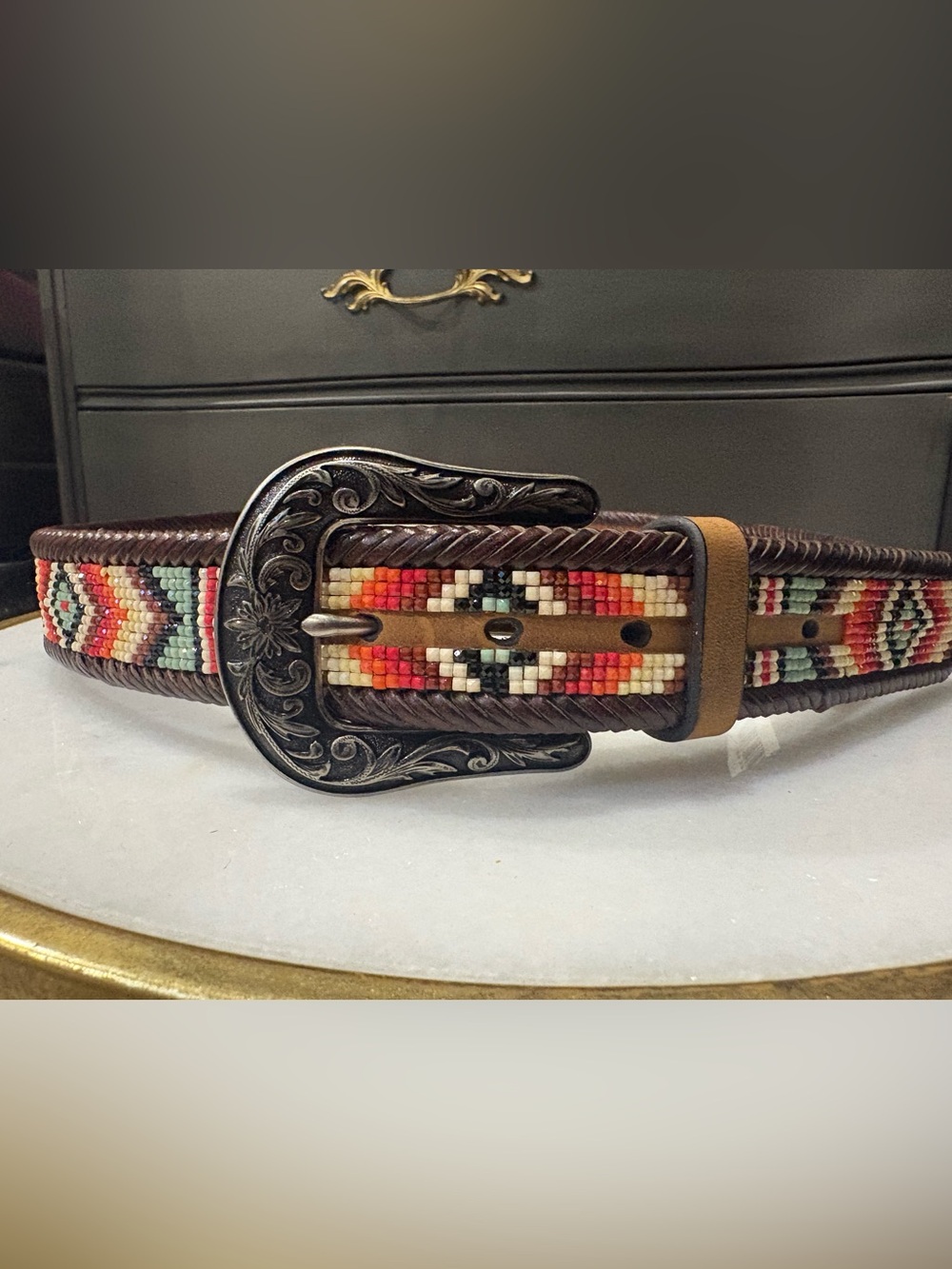 Nocona Brown Leather Belt with Multicolor Beadwork and Ornate Silver Buckle | Lg